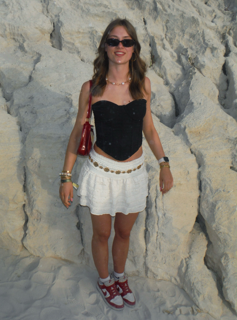 festival outfit for Yard, in Lisbon, Portugal. 
black corset with cute white skirt.